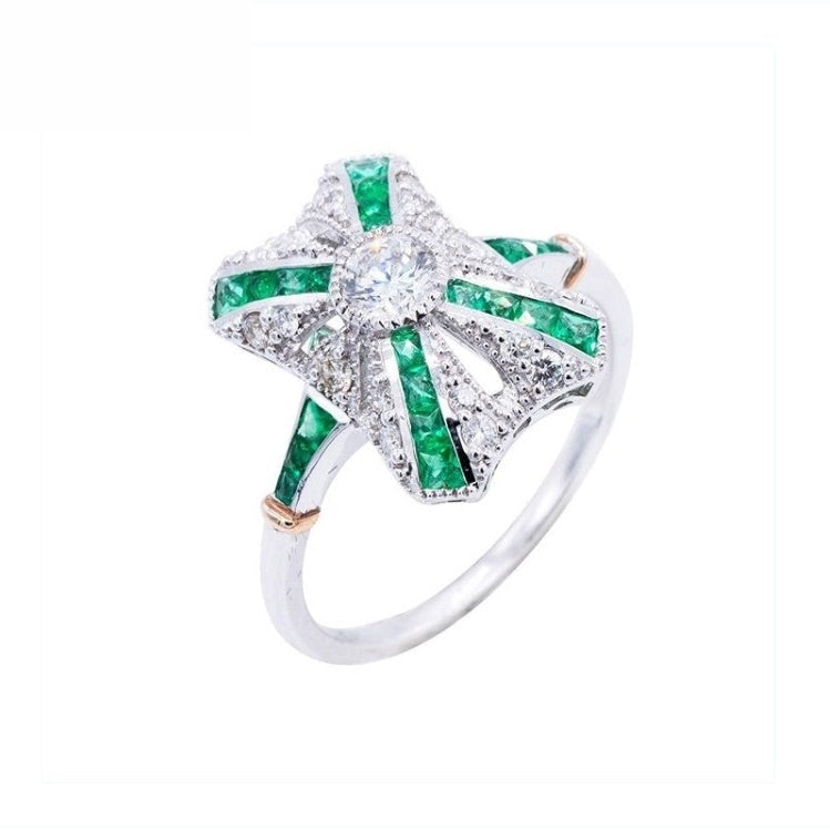 18K White Gold Natural Emerald and Diamond Ring