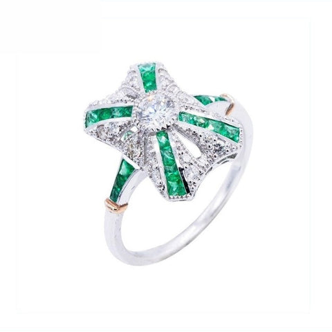 18K White Gold Natural Emerald and Diamond Ring