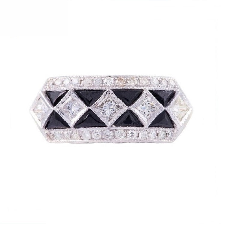 18K White Gold Natural Onyx and Diamond Ring