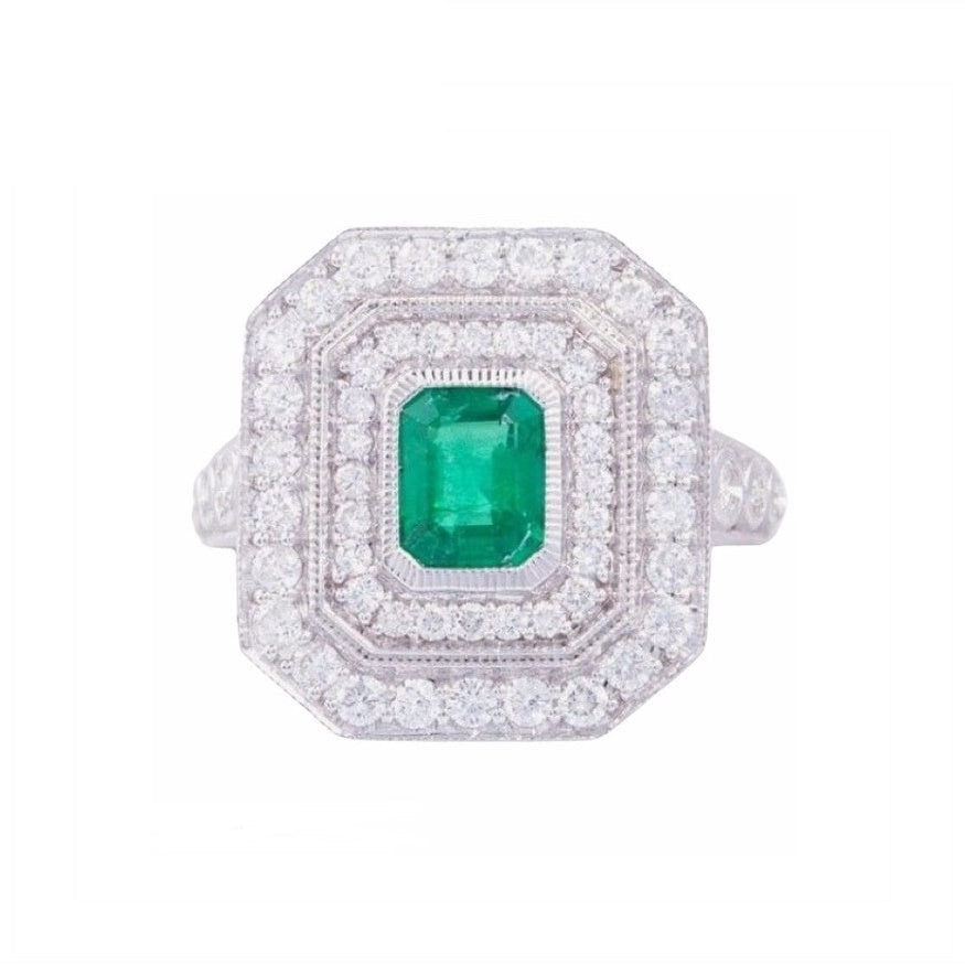 18K White Gold Natural Emerald and Diamond Ring