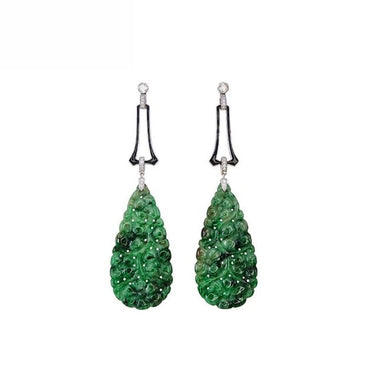 18K White Gold Natural Jade and Diamond Earrings
