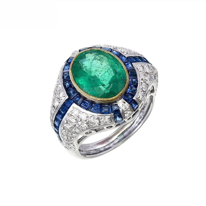 18K White Gold Natural Blue Sapphire, Natural Emerald and Diamond ring
