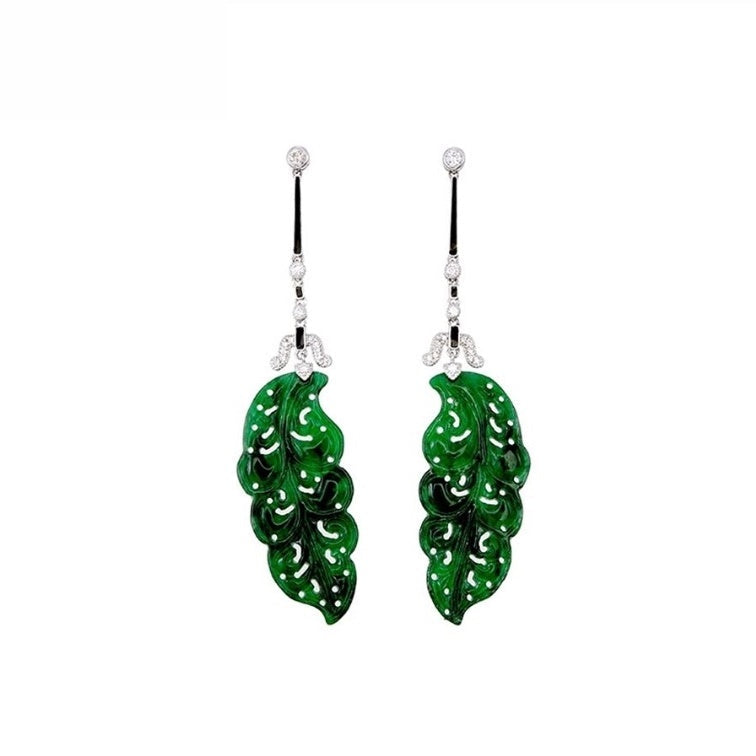 18K White Gold Natural Jade and Diamond Earrings