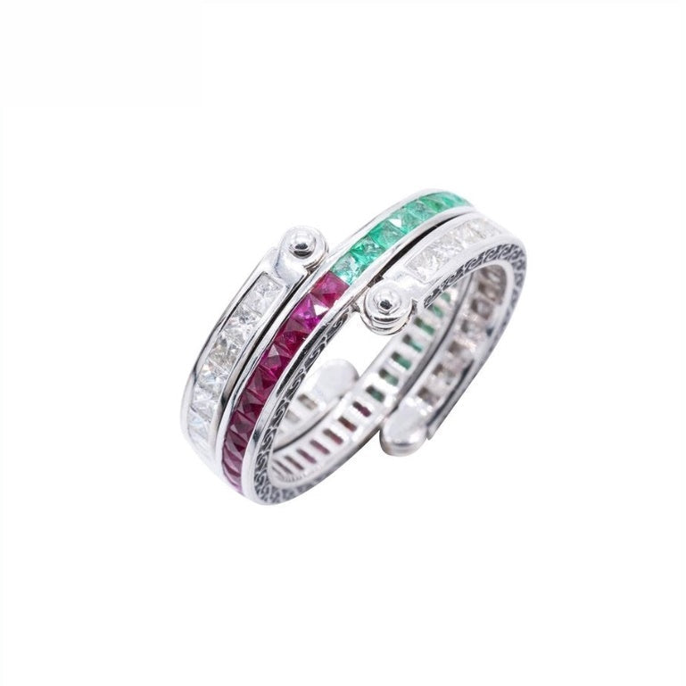 18K White Gold Natural Emerald, Natural Ruby and Diamond Ring