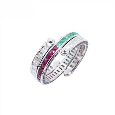 18K White Gold Natural Emerald, Natural Ruby and Diamond Ring