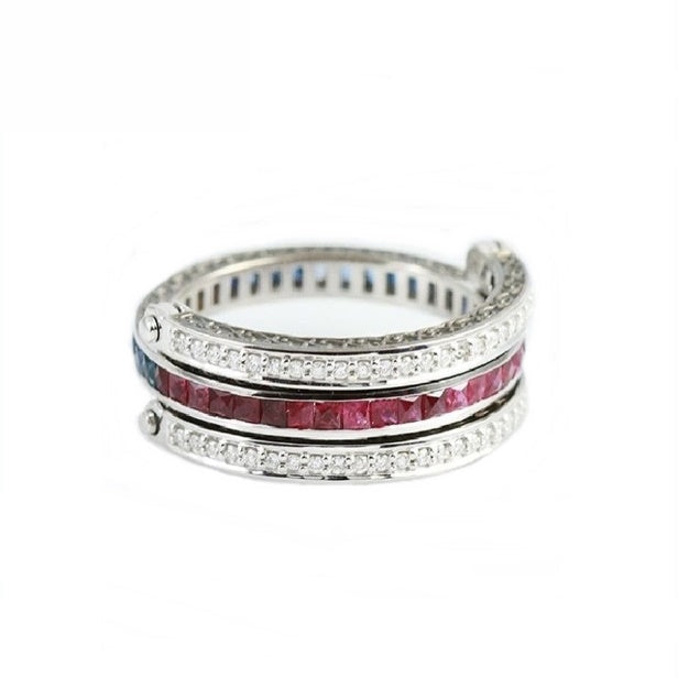 18K White Gold Natural Emerald, Natural Ruby and Diamond Ring