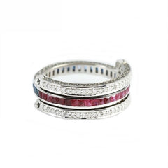 18K White Gold Natural Emerald, Natural Ruby and Diamond Ring