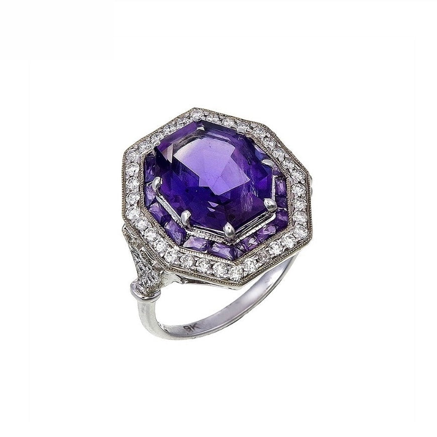 18K White Gold Natural Amethyst and Diamond Ring