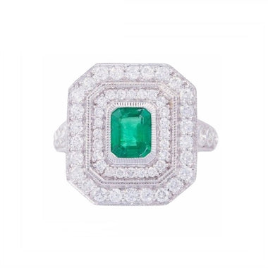 18K White Gold Natural Emerald and Diamond Ring
