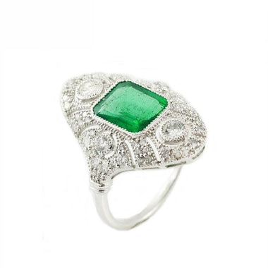 18K White Gold Natural Emerald and Diamond Ring
