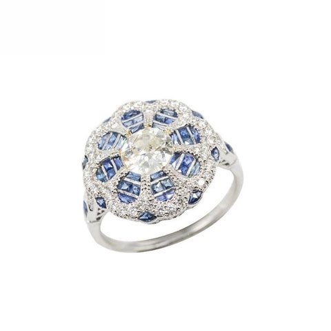 18K White Gold Natural Blue Sapphire and Diamond Ring