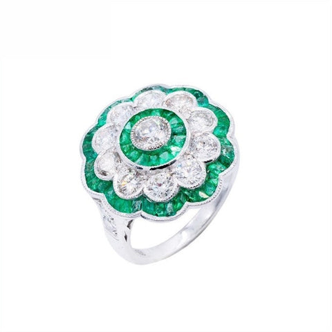 18K White Gold Natural Emerald and Diamond Ring