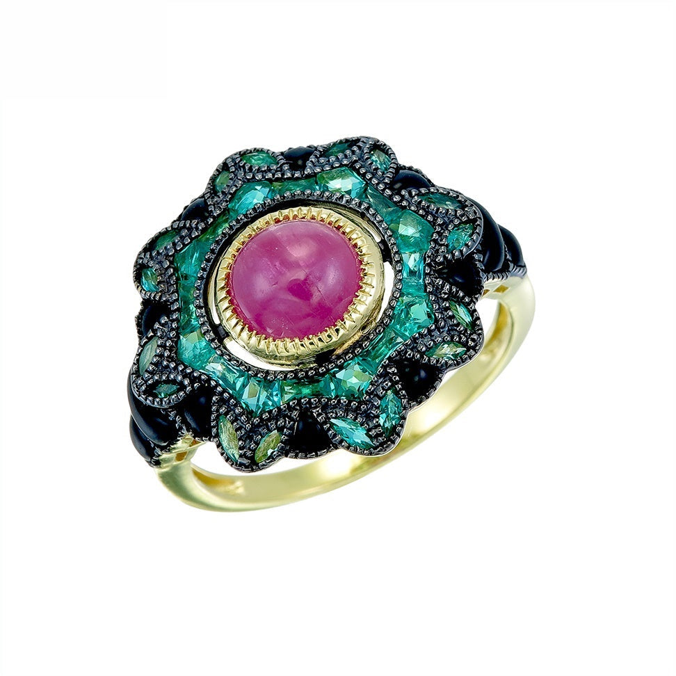 Silver Diamond with Natural Gemstone Art Deco Style Ring