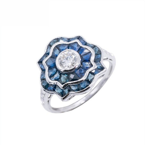 18K White Gold Natural Blue Sapphire and Diamond Ring