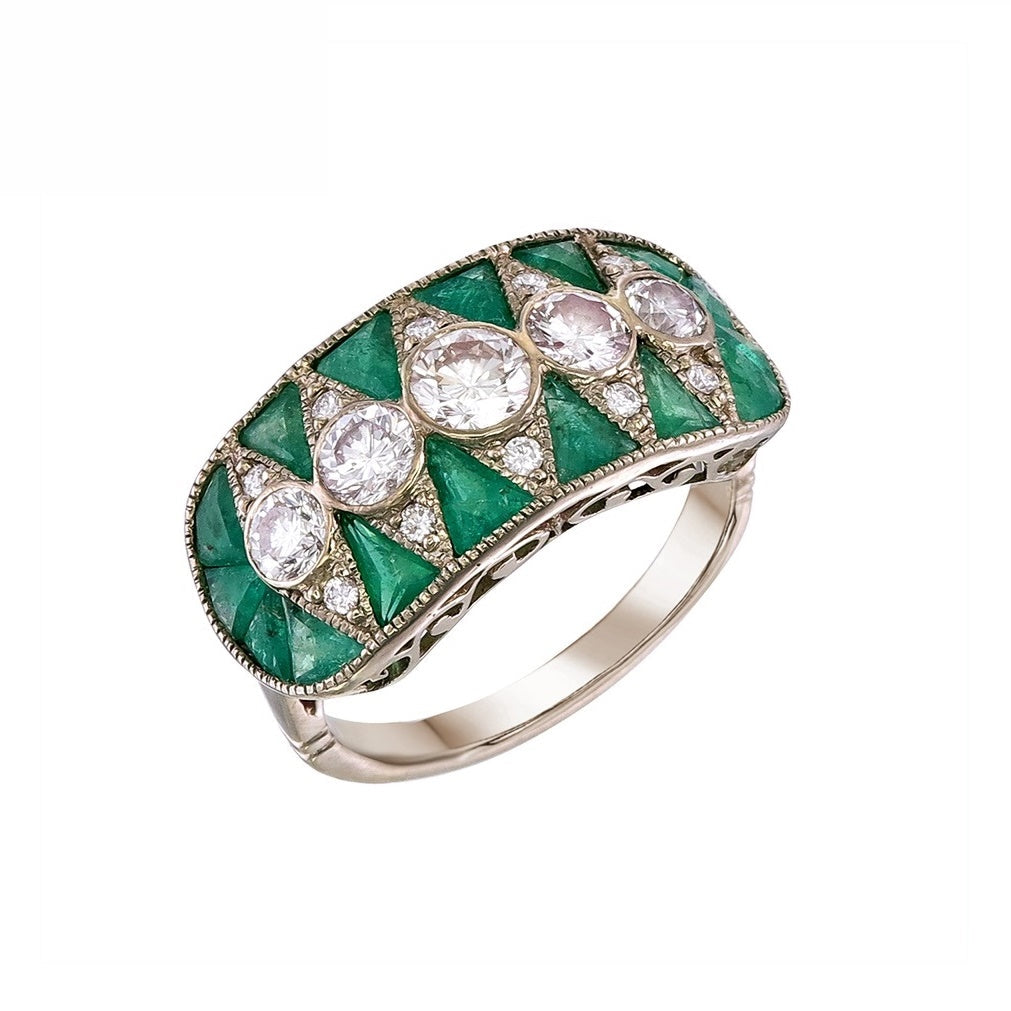 18K White Gold Natural Emerald and Diamond Ring
