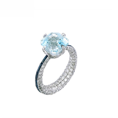 9K White Gold Natural Blue Sapphire, Natural Aquamarine and Diamond Ring