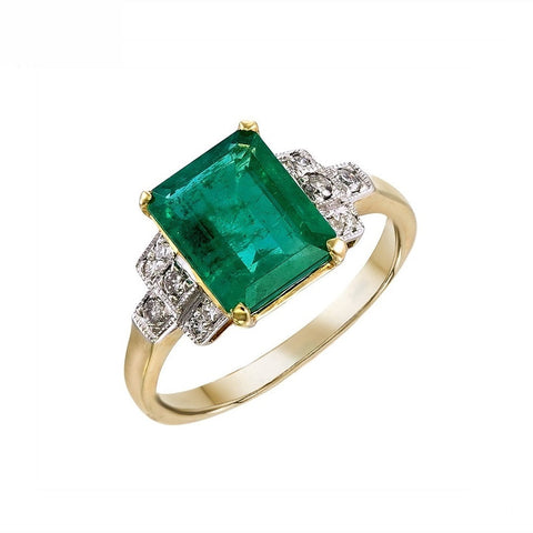 9K Gold Natural Emerald and Diamond Ring
