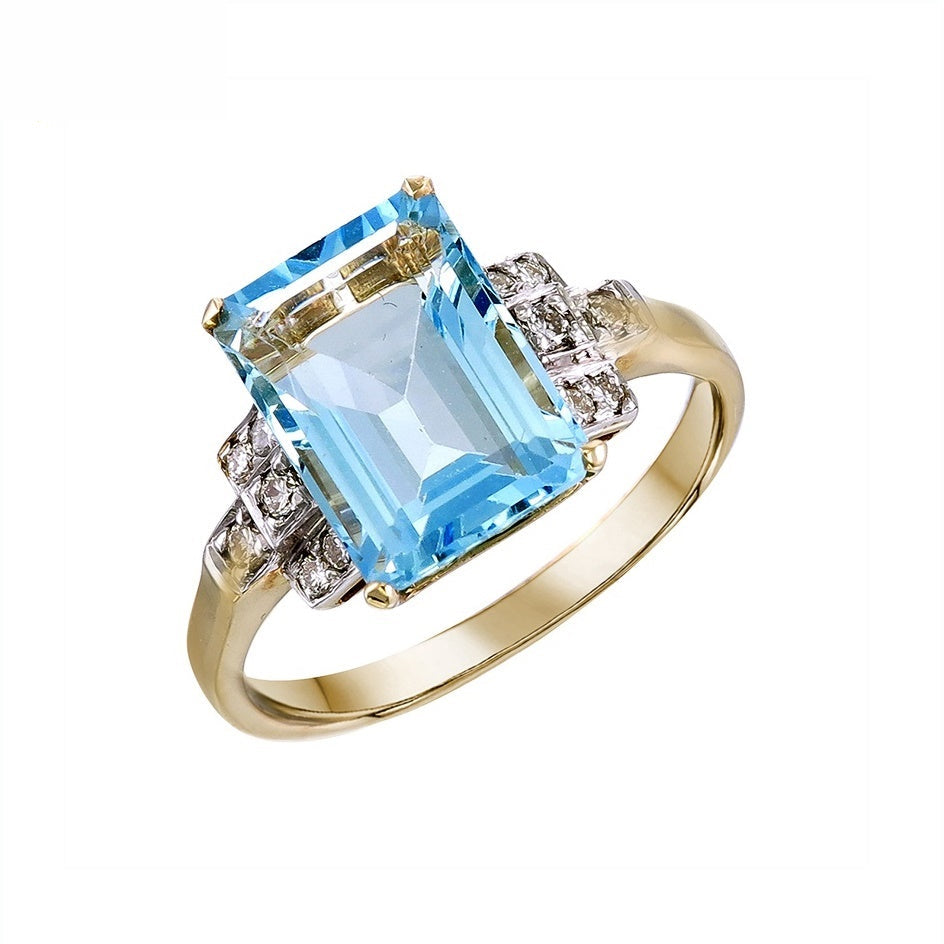 9K Gold Natural Aquamarine and Diamond Ring