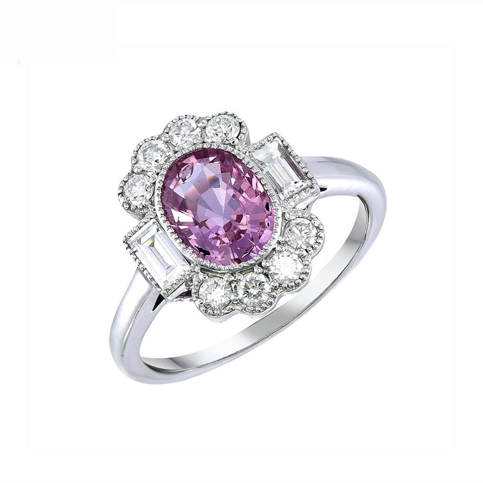 9K White Gold Natural Pink Sapphire and Diamond Ring