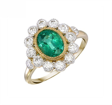 9K Gold Natural Emerald and Diamond Ring