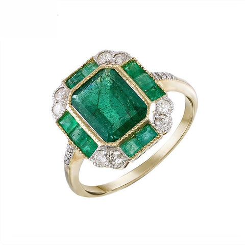 9K Gold Natural Emerald and Diamond Ring