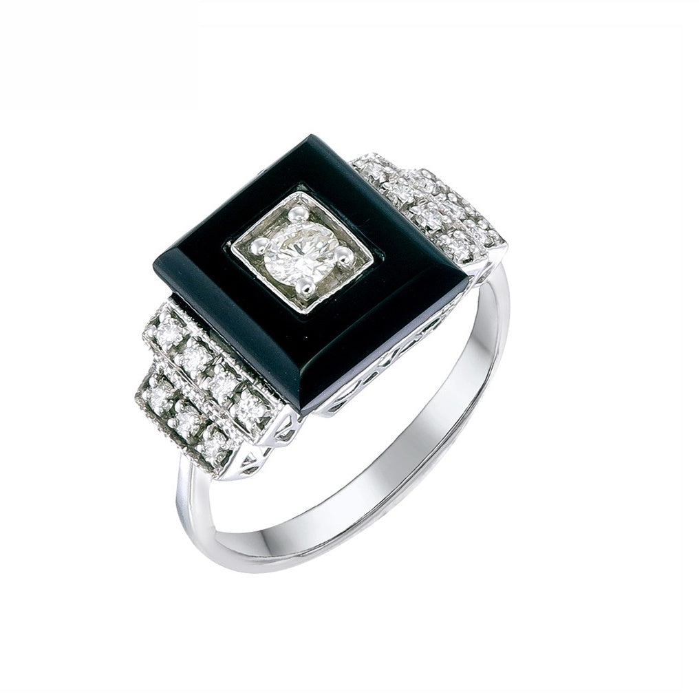 9K White Gold Natural Onyx and Diamond Ring