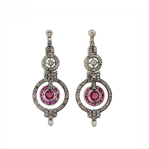 9K Gold and Silver Diamond with Natural Gemstone Art Deco Style Earrings